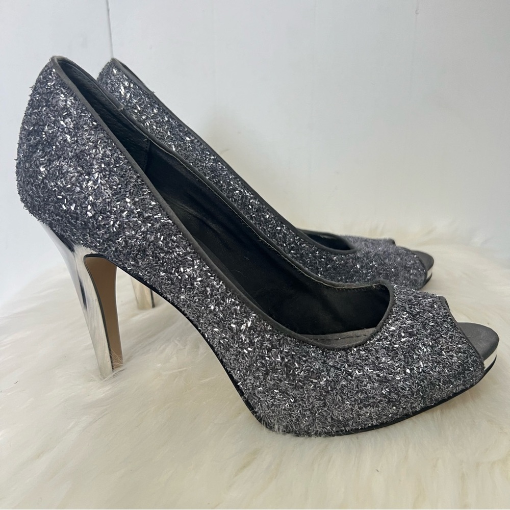 Nine West Sparkly Elegant Silver Glitter Peep-Toe Stiletto Heels Party NYE 8.5